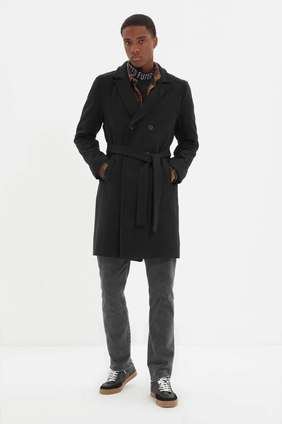 Regular Fit Double Breasted Closure Belted Tie Detailed Long Cashmere Winter Coat TMNAW21KB0101