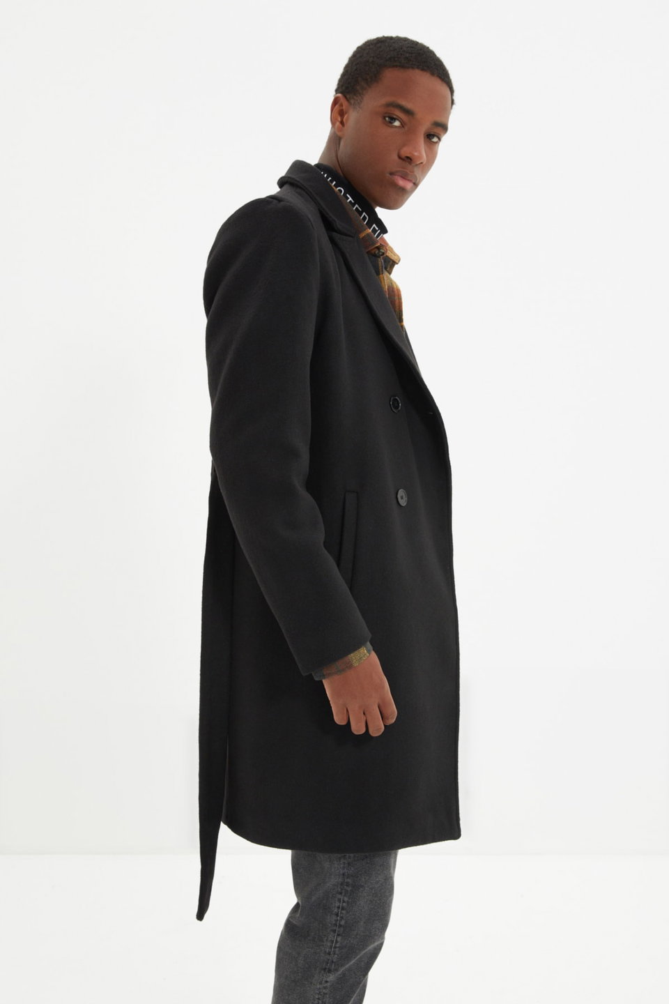 Regular Fit Double Breasted Closure Belted Tie Detailed Long Cashmere Winter Coat TMNAW21KB0101
