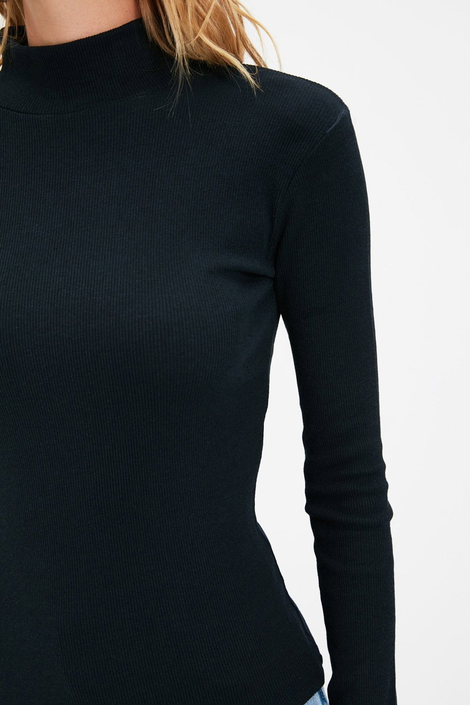 Fitted High Collar Long Sleeve Ribbed Stretchy Knitted Blouse TWOAW21BZ0423