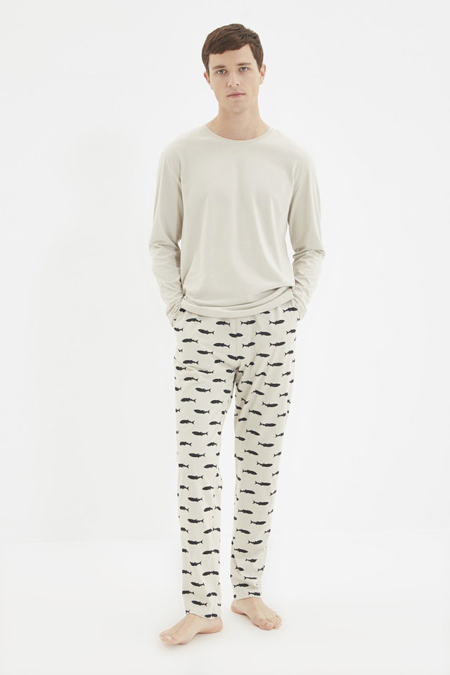 Beige - Beige Regular Fit Printed Knitted 100% Cotton Pajama Set TMNAW22PT1069
