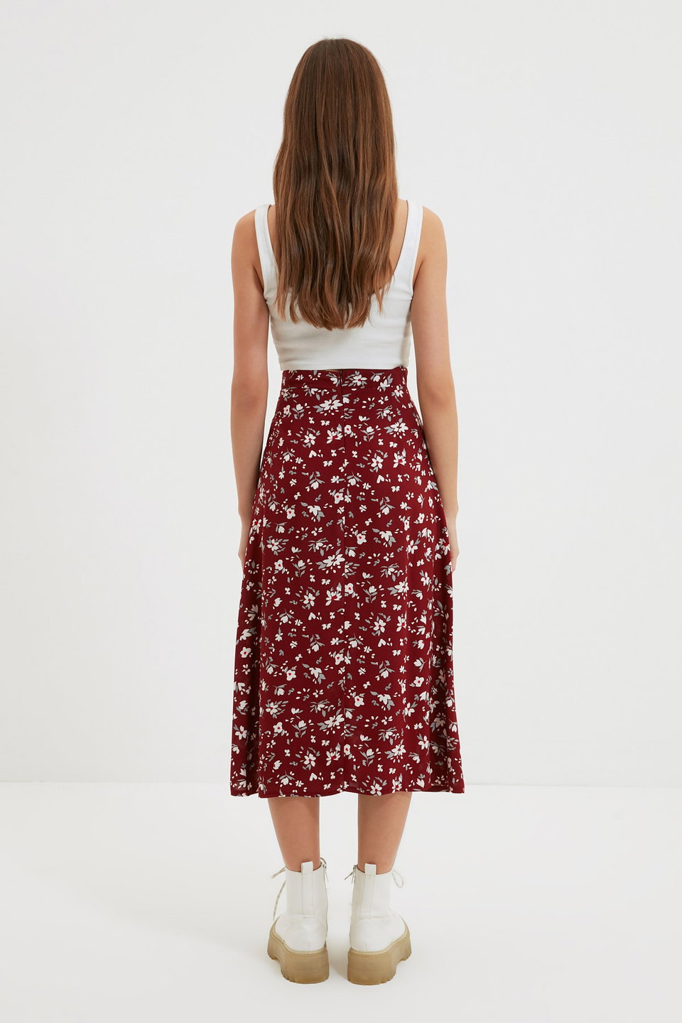 Tile Slit Detailed Floral Patterned Viscose Fabric Midi Length Woven Skirt TWOSS20ET0230