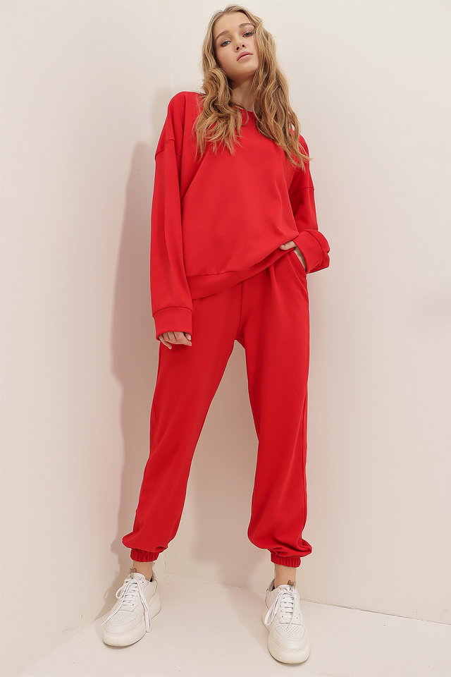 RED - Women's Black Crew Neck Two Thread Basic Tracksuit Set ALC-507-669-001