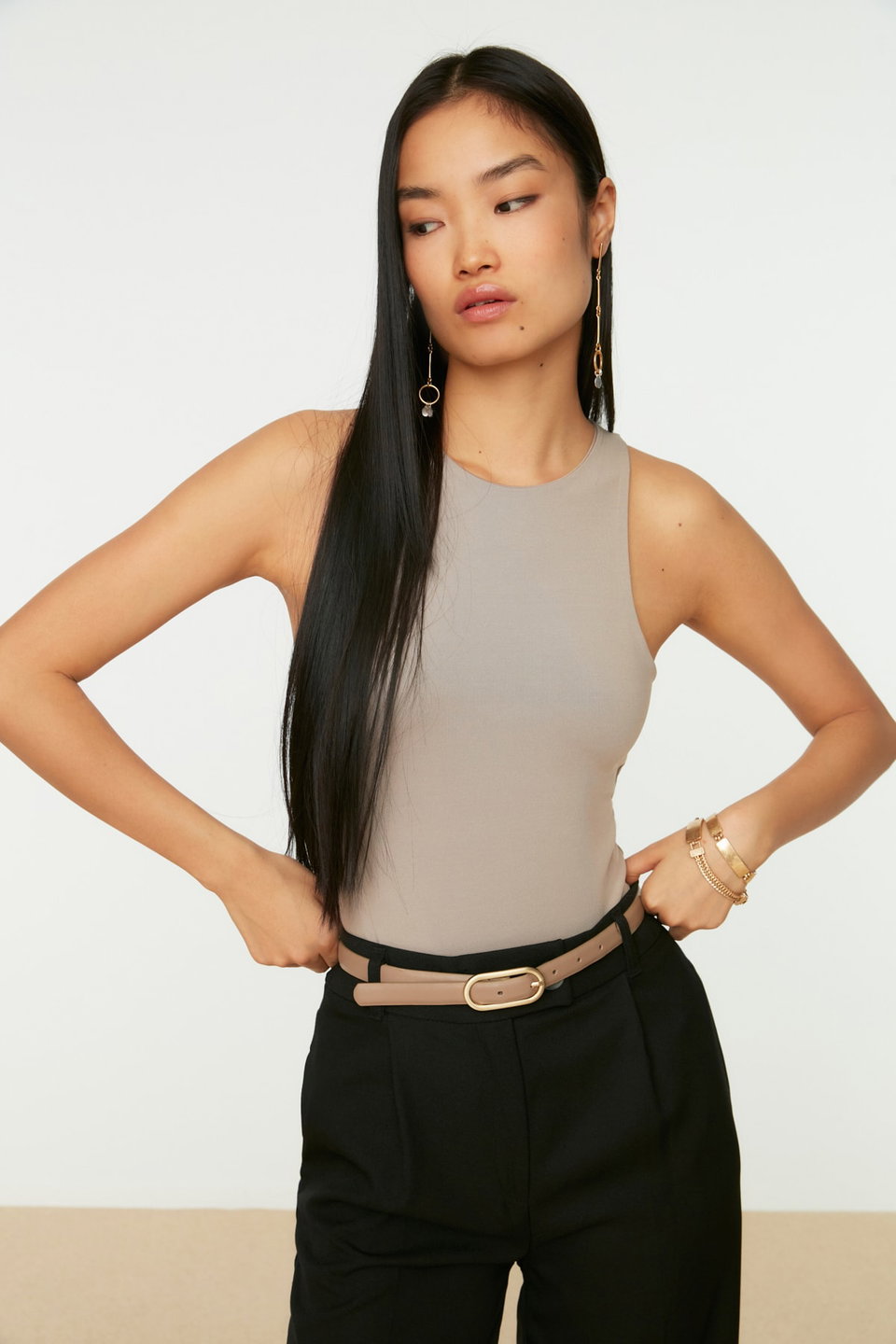 Halter Neck Body-Sit Flexible Snap-Front Knitted Bodysuit TWOSS20BD0044