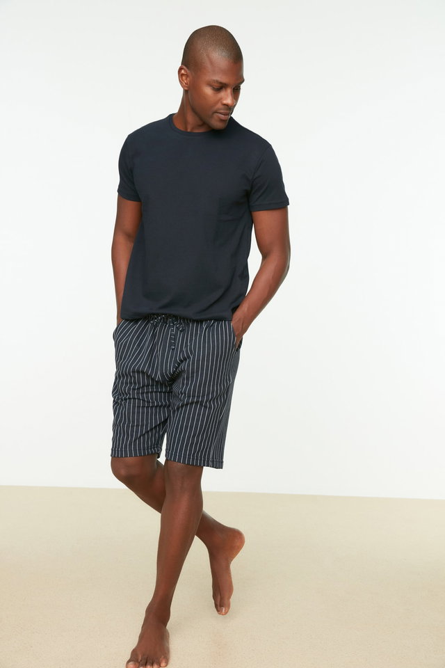 Navy blue - Khaki Regular Fit Bottom Striped Shorts Pajamas Set TMNSS22EM0013