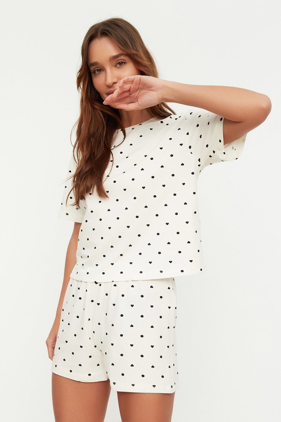 100% Cotton Polka Dot and Heart Shorts Knitted Pajama Set THMSS21PT1485