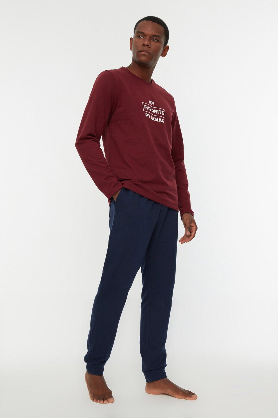 regular fit slogan printed knitted pajama set tmnaw22pt0759