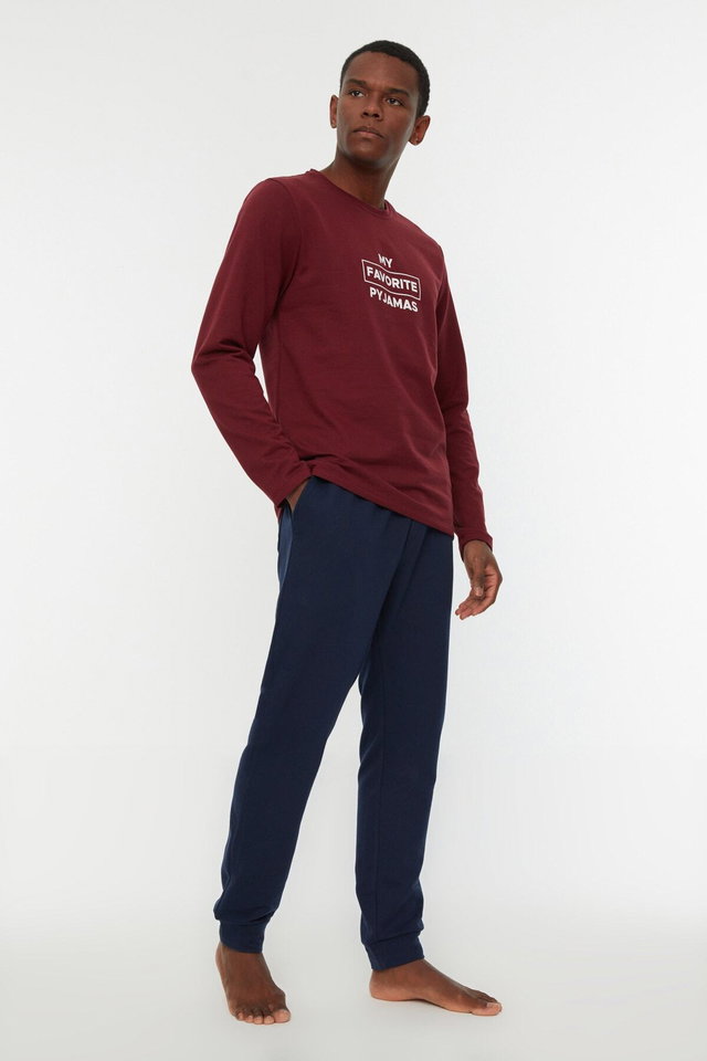 burgundy - Burgundy regular fit slogan printed knitted pajama set tmnaw22pt0759