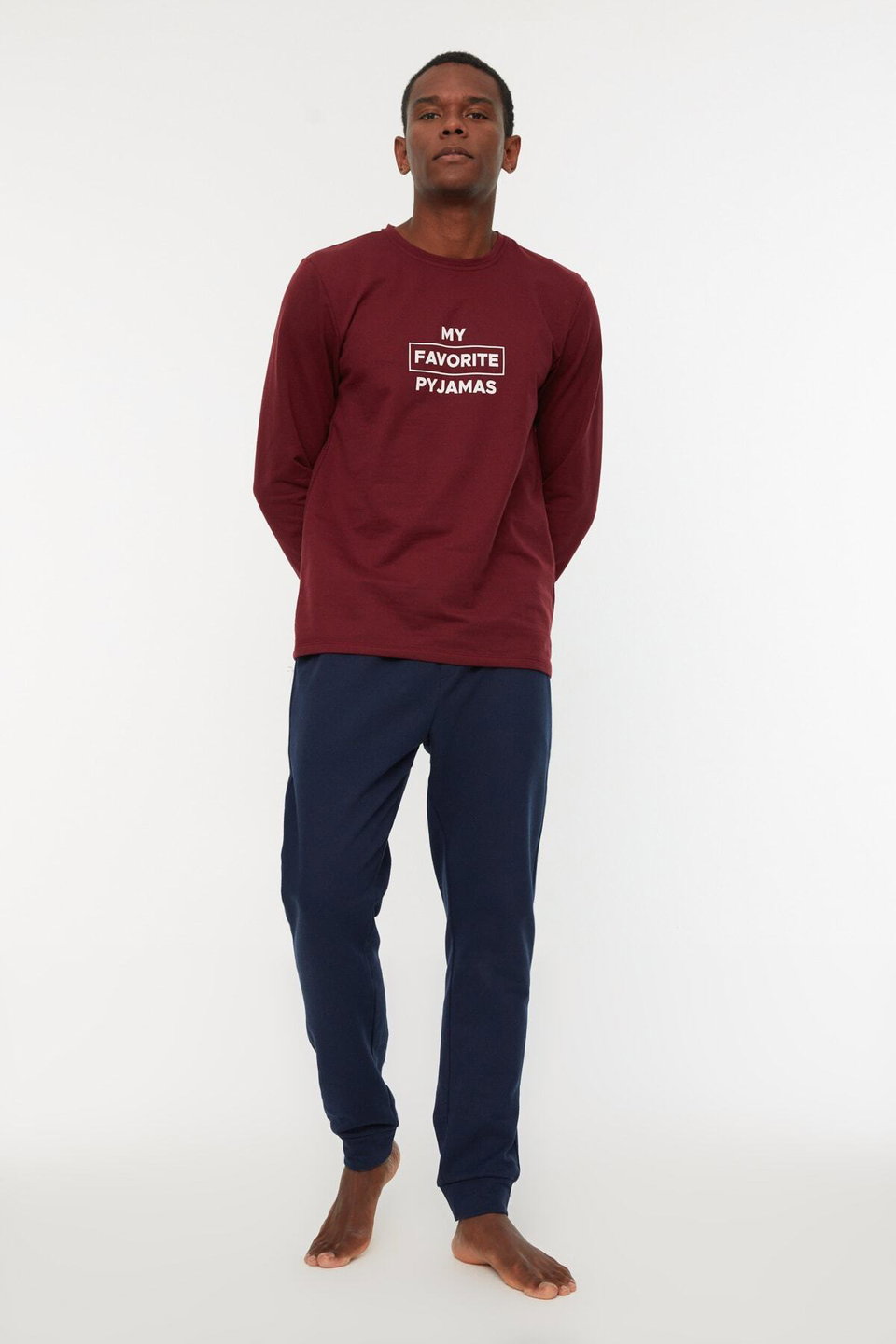 regular fit slogan printed knitted pajama set tmnaw22pt0759