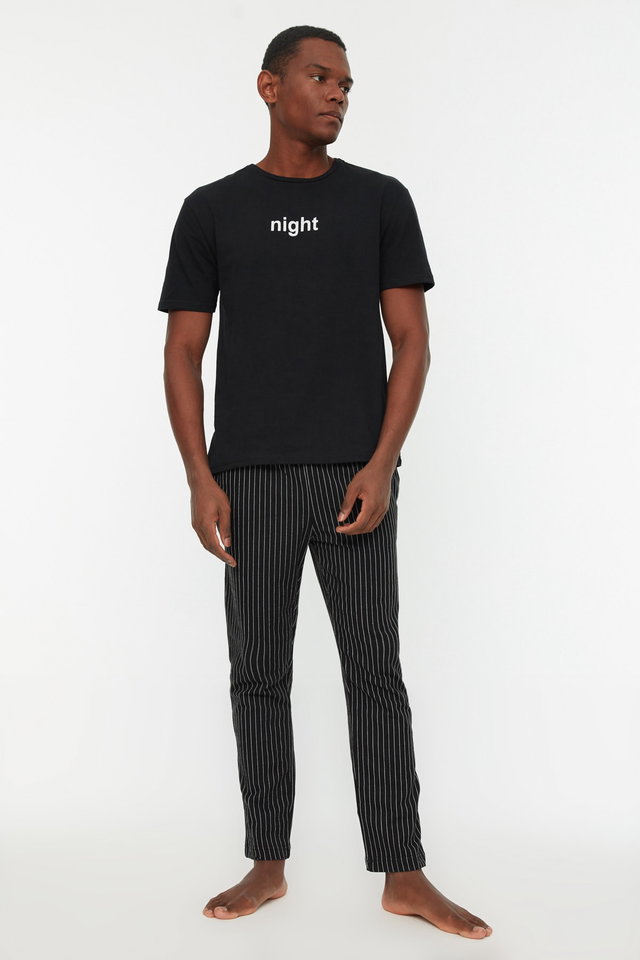 Black - Black Printed Regular Fit Knitted Pajama Set THMAW21PT0393