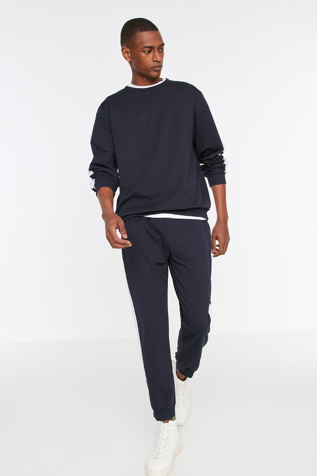 Navy blue - Navy Blue Knitted Pajama Set with Side Stripes THMAW21PT0828