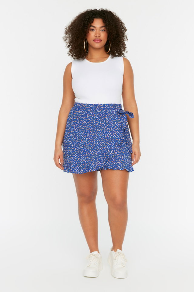 Blue - Blue Floral Pattern Woven Tie Shorts Skirt TBBSS22SR0164
