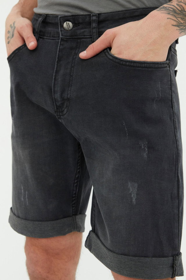 Anthracite - Anthracite Slim Fit Rake Destroyed Denim Jeans Shorts TMNSS21SR0727