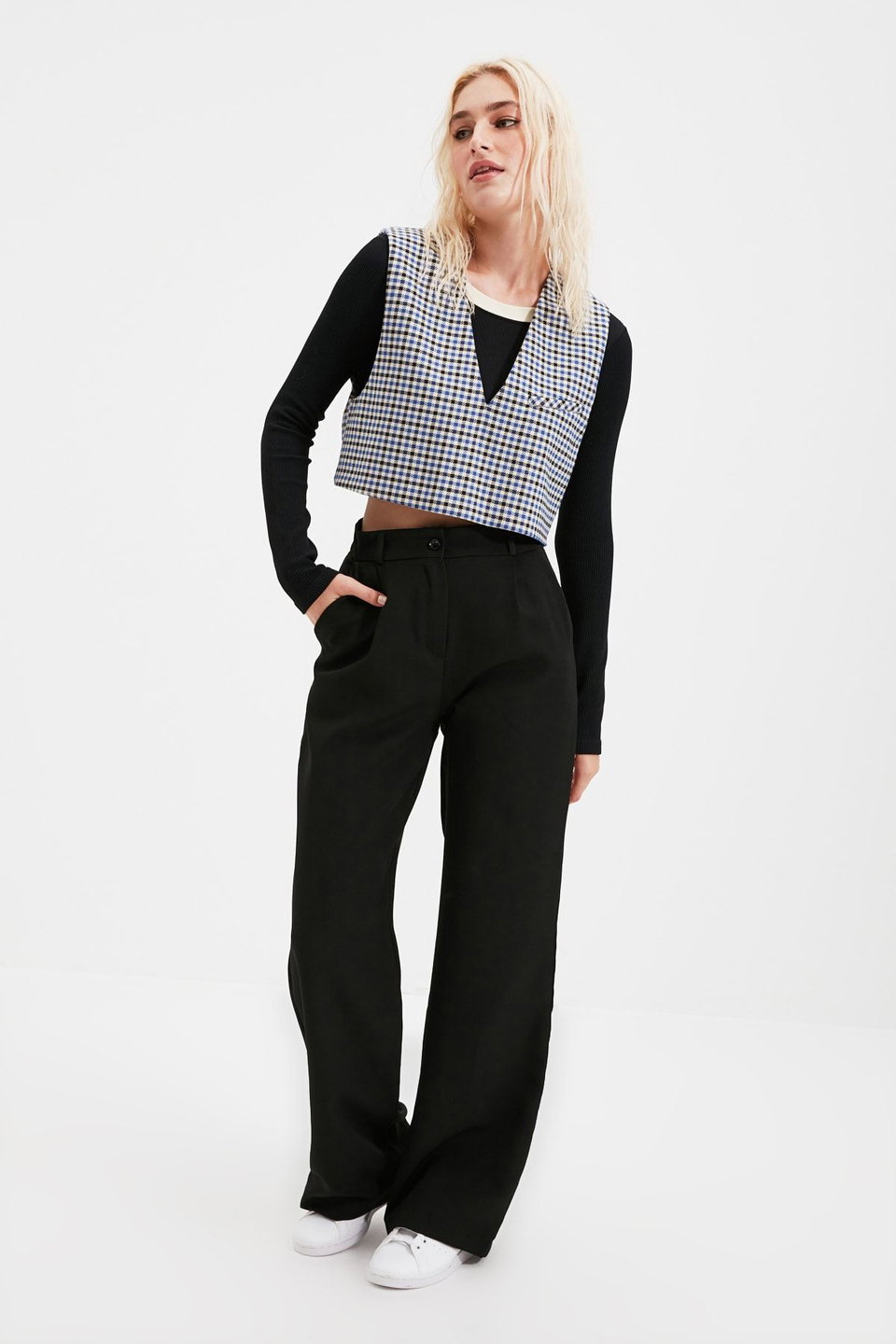 High Waist Wide Leg Pleated Woven Fabric Trousers TWOAW21PL0076