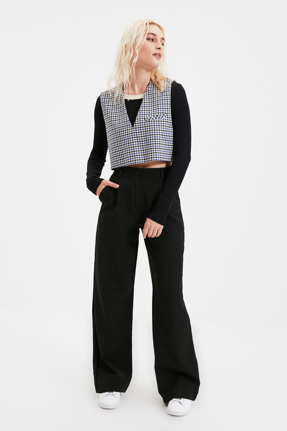High Waist Wide Leg Pleated Woven Fabric Trousers TWOAW21PL0076