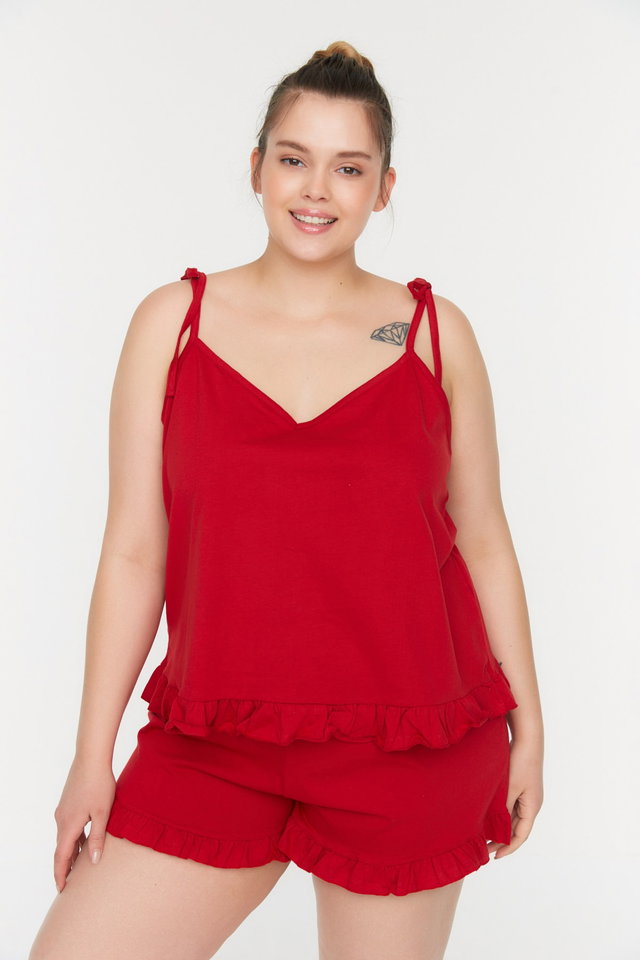 Red - Red Straps, Knitted Ruffle Detailed Pajamas Set TBBSS22PT0564