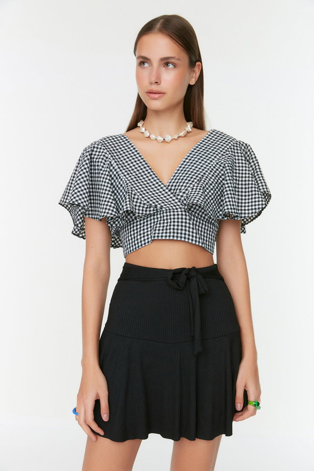 Black - Black Plain Skirt Look High Waist Mini Knitted Shorts TWOSS21SR0621