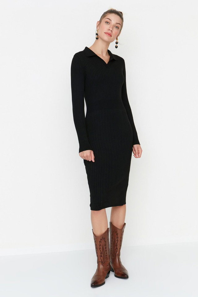 Black - Black Midi Knitwear Polo Neck Dress TWOAW22EL1376