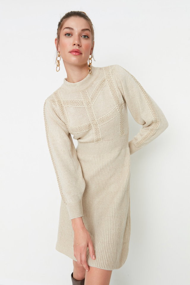Beige - Beige Mini Sweater with Lace Dress TWOAW22EL0011