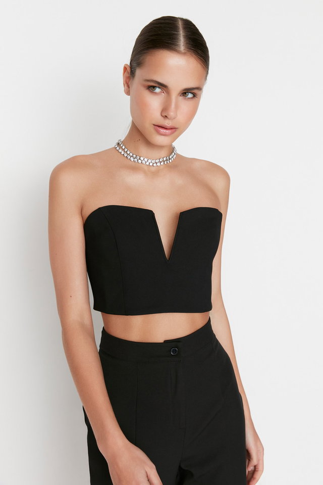 Black - Black Crop Lined Woven Bustier TPRSS22BS0065