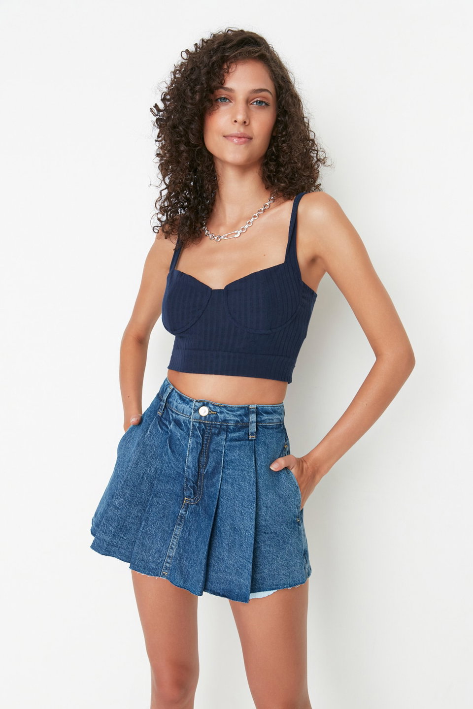 Pleated Regular Waist Mini Denim Shorts Skirt Twoss22Sr00163