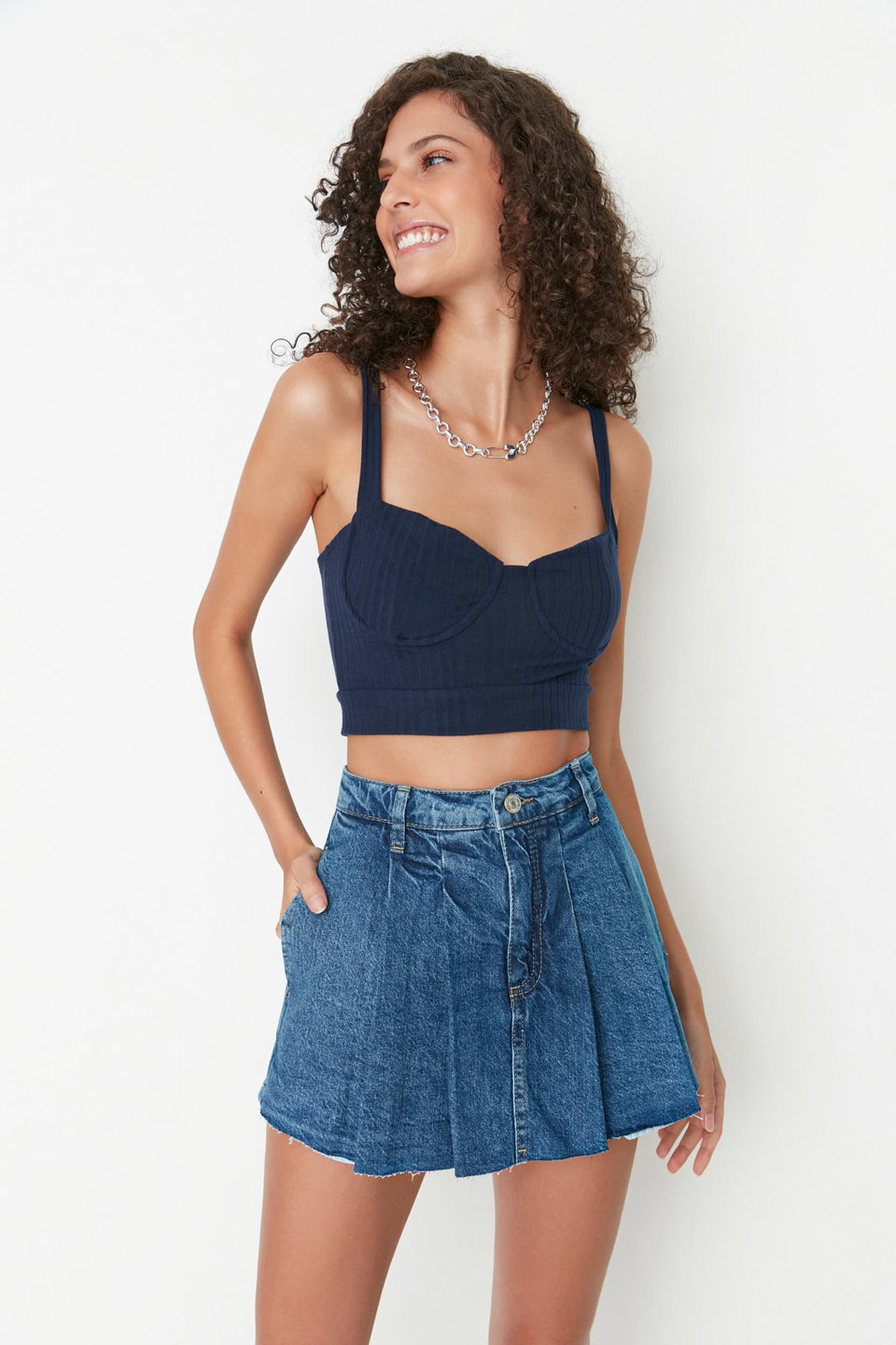 Pleated Regular Waist Mini Denim Shorts Skirt Twoss22Sr00163