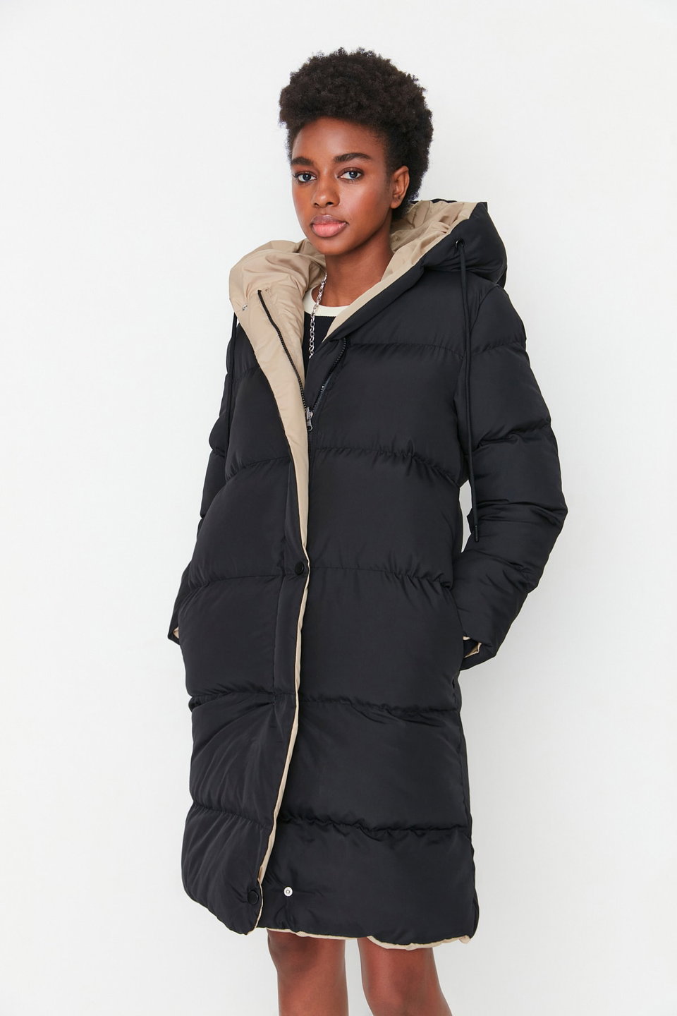 Double Sided Hooded Water Repellent Long Puffer Jacket TWOAW23MO00052
