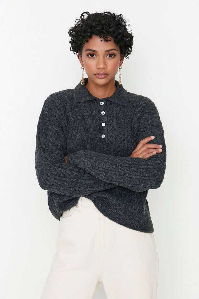 Anthracite - Indigo Wide Fit Soft Textured Knitwear Sweater TWOAW21KZ2635