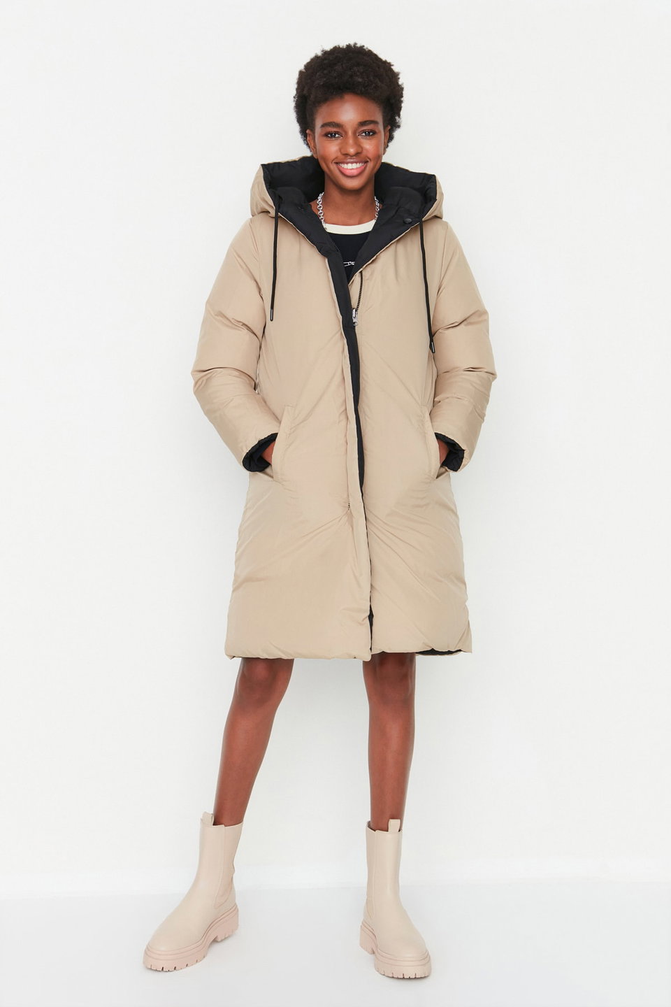 Double Sided Hooded Water Repellent Long Puffer Jacket TWOAW23MO00052