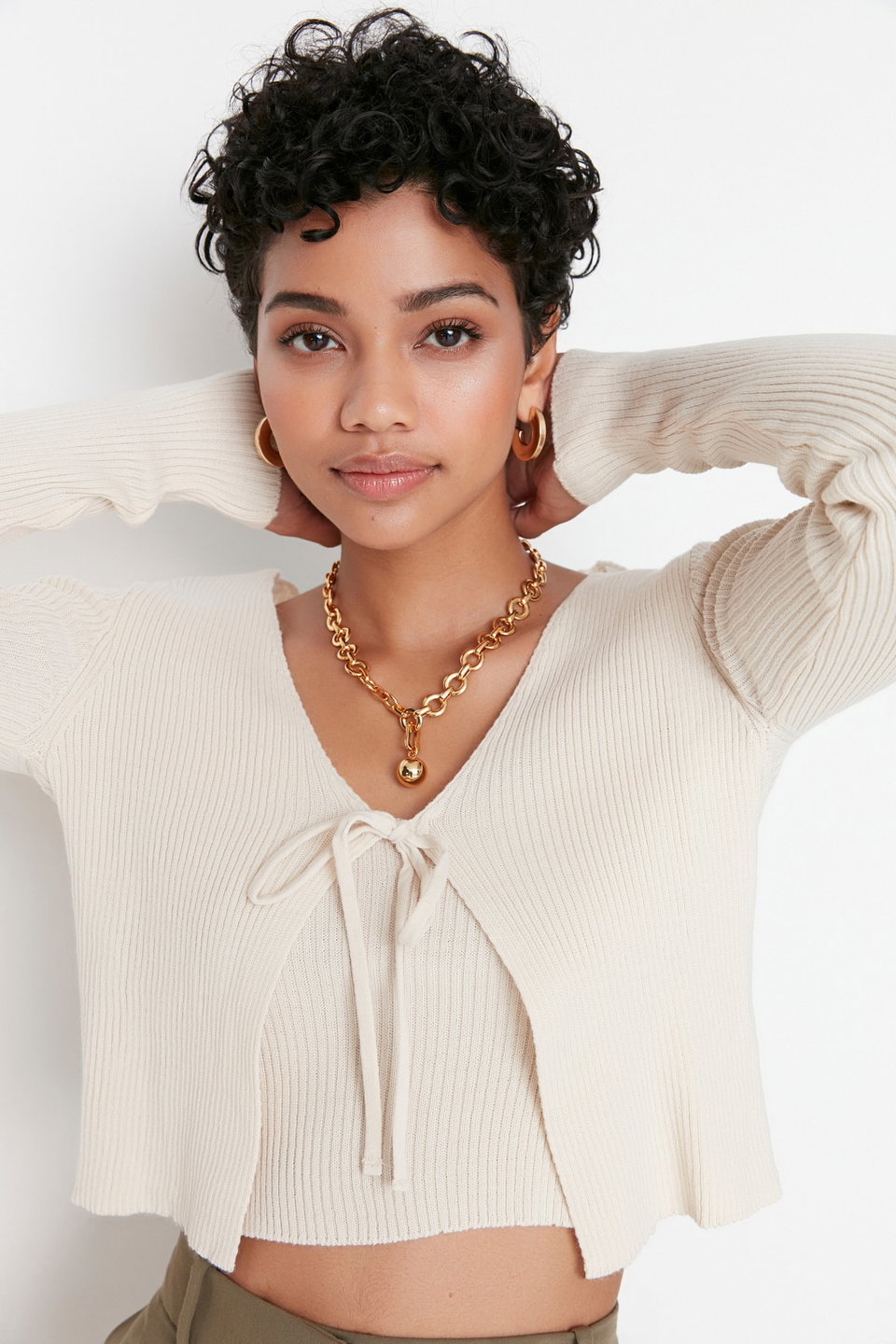 Crop Tie Detailed Blouse-Cardigan Knitwear Suit Knitwear Cardigan TWOSS21HI0002