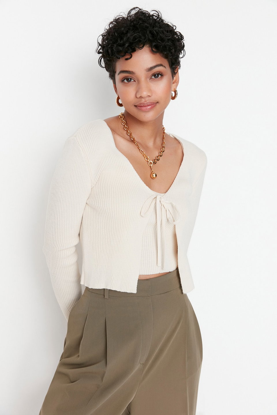 Crop Tie Detailed Blouse-Cardigan Knitwear Suit Knitwear Cardigan TWOSS21HI0002