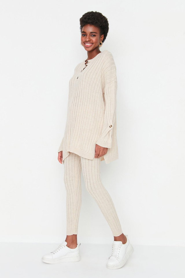 Beige - Mint Ribbed Wide Pattern Knitwear Bottom-Top Set TWOAW22AU0039