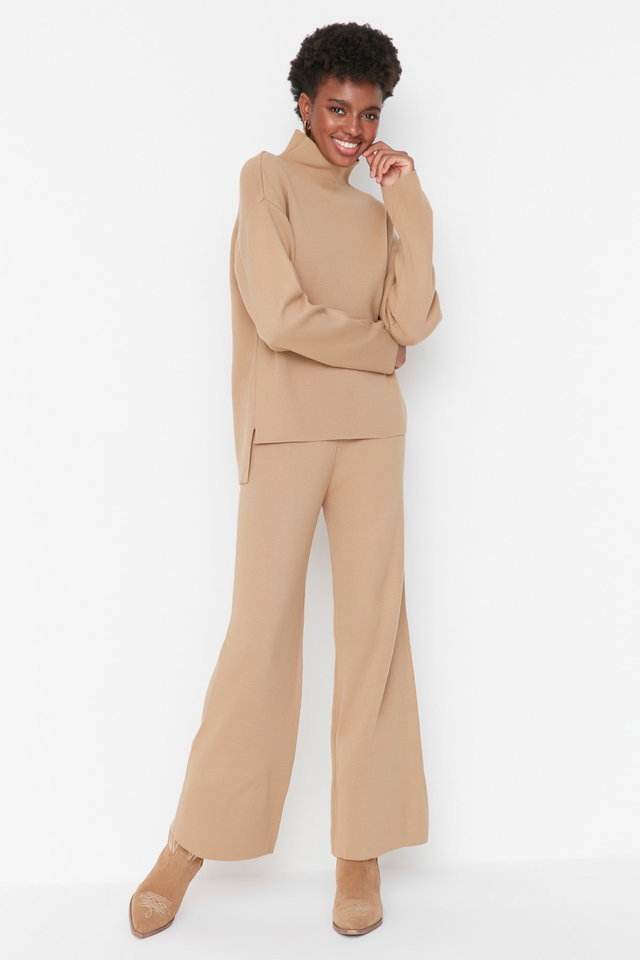 camel - Beige Stand Collar Knitwear Top-Bottom Set TWOAW21AU0060