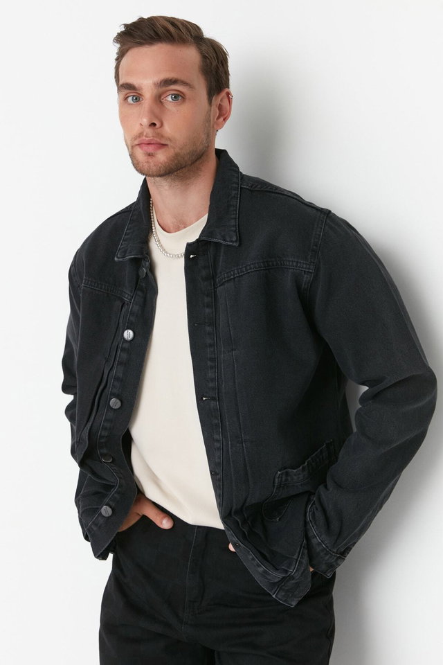 Anthracite - Anthracite Regular Fit Ribbed Denim Jeans Jacket TMNSS21CE0169