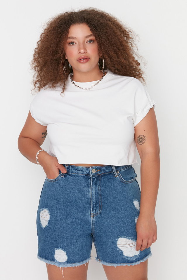 Dark blue - Blue High Waist Destroyed Denim Shorts & Bermuda TBBSS22SR0165