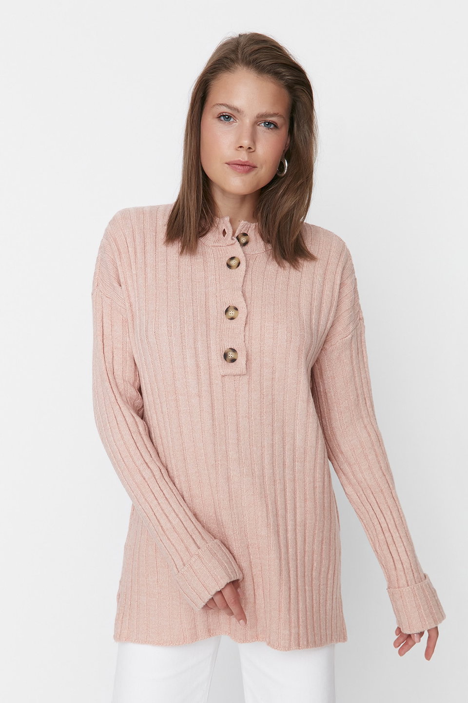 Collar Buttoned Ribbed Knitwear Sweater TCTAW23AK00035
