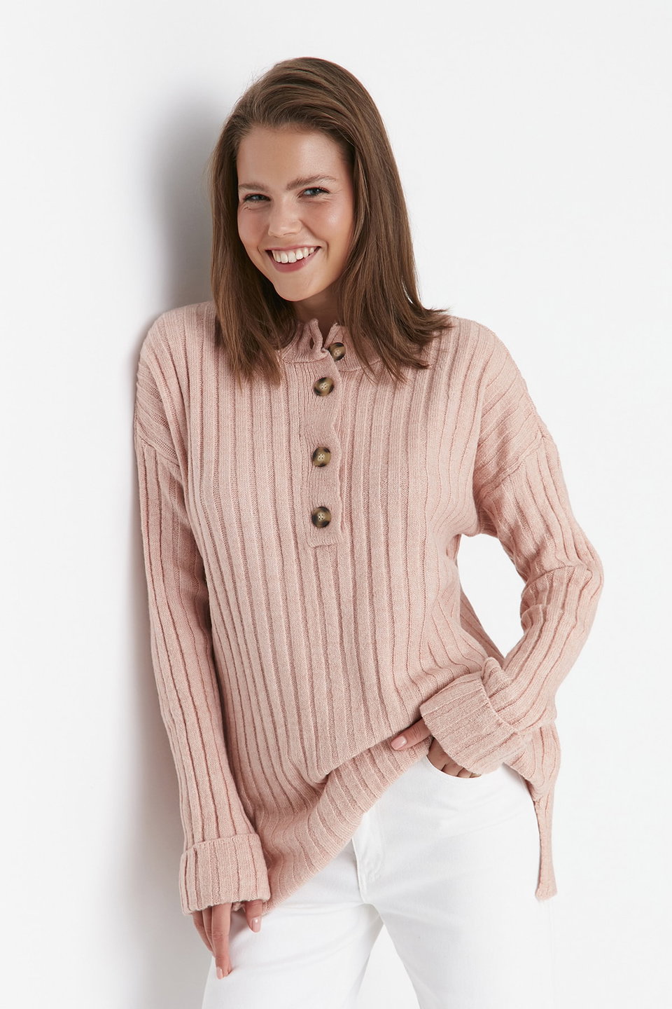 Collar Buttoned Ribbed Knitwear Sweater TCTAW23AK00035