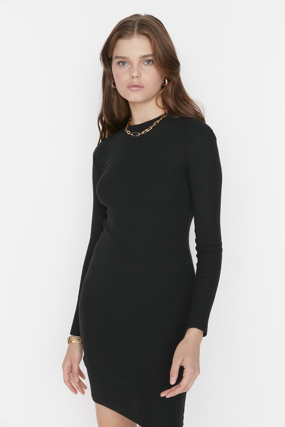 Fitted Mini High Collar Ribbed Flexible Knitted Pencil Dress TWOAW21EL2244