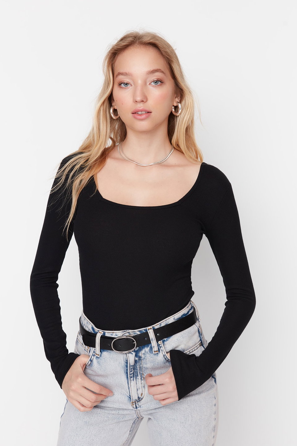 Square Neck Long Sleeve Ribbed Stretchy Snap Fastener Knitted Bodysuit TWOAW21BD0022