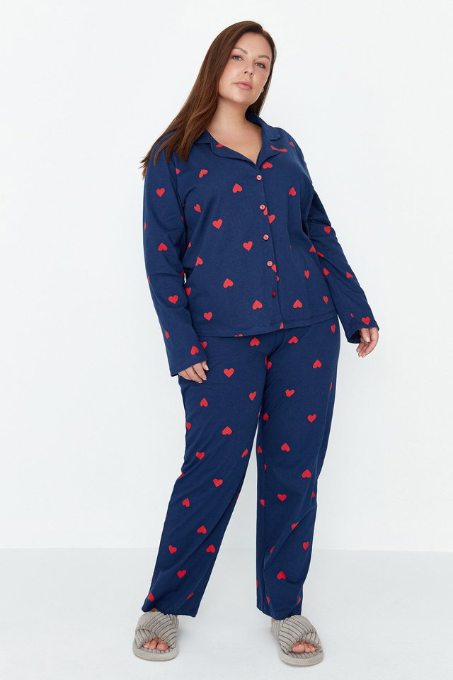 Navy blue - Red Heart Shirt Collar Knitted Pajamas Set TBBAW23AI00019