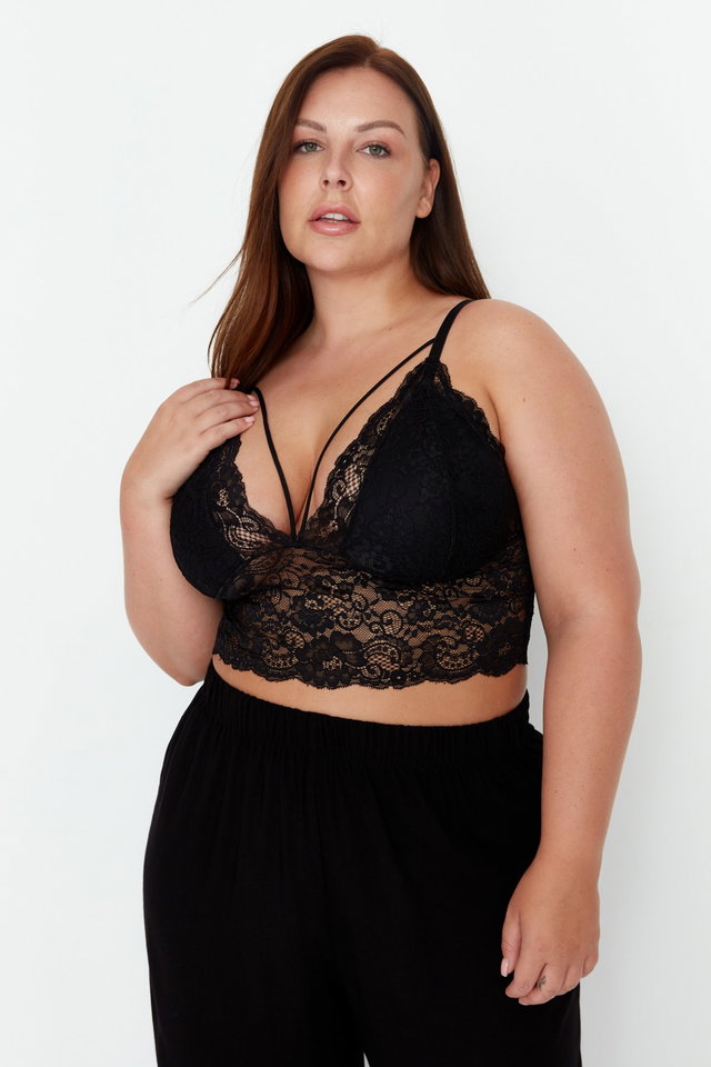 Black - Black Piping Thin Sponge Pad Flexible Lace Plus Size Bustier Tbbaw23Cw00000