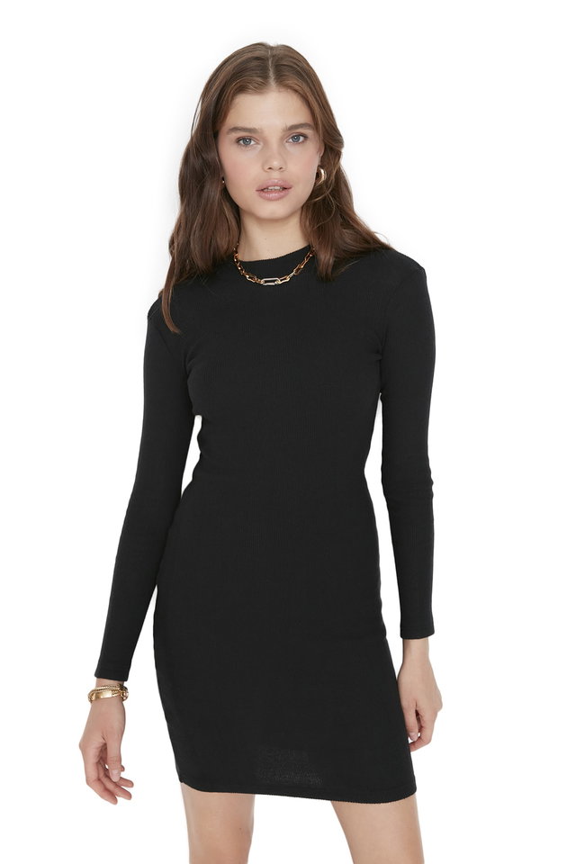 Black - Black Fitted Mini High Collar Ribbed Flexible Knitted Pencil Dress TWOAW21EL2244