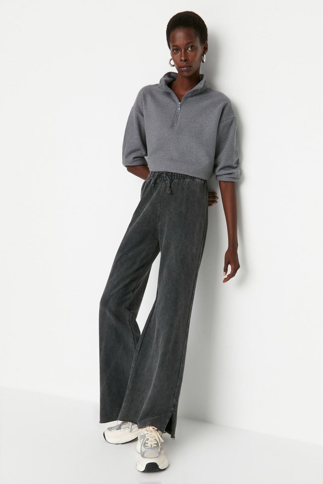 Anthracite - Anthracite Faded Effect Wide Leg/Wide Leg Normal Waist Thin Knitted Sweatpants Trousers TWOAW22EA0426