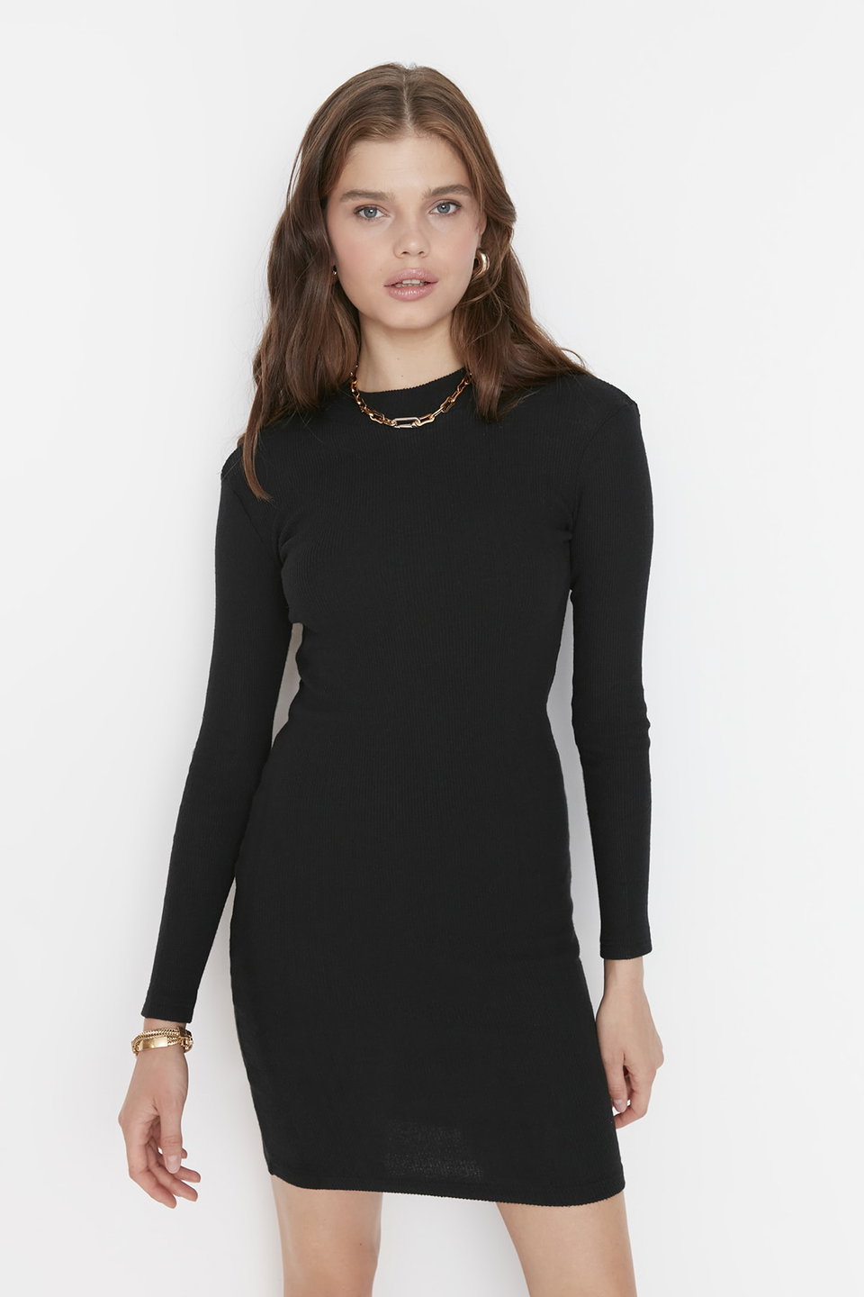 Fitted Mini High Collar Ribbed Flexible Knitted Pencil Dress TWOAW21EL2244