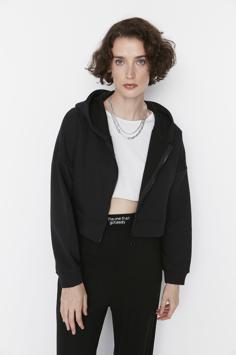 Basic Zipper Hooded Crop Fleece Inside Knitted Sweatshirt TWOAW20SW0660