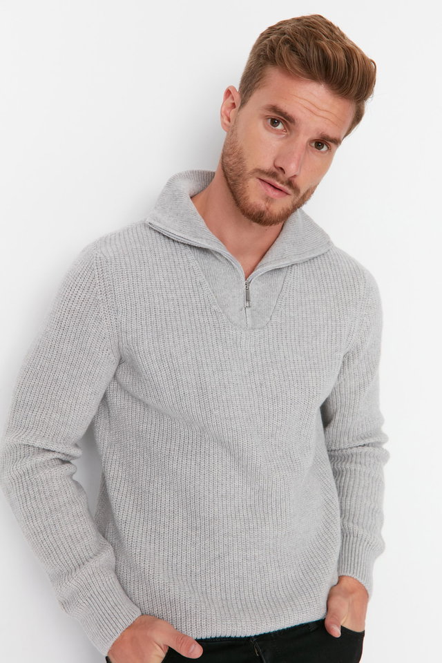 Grey - Brown Regular Woolen Zippered Turtleneck Sweater TMNAW22KZ0347