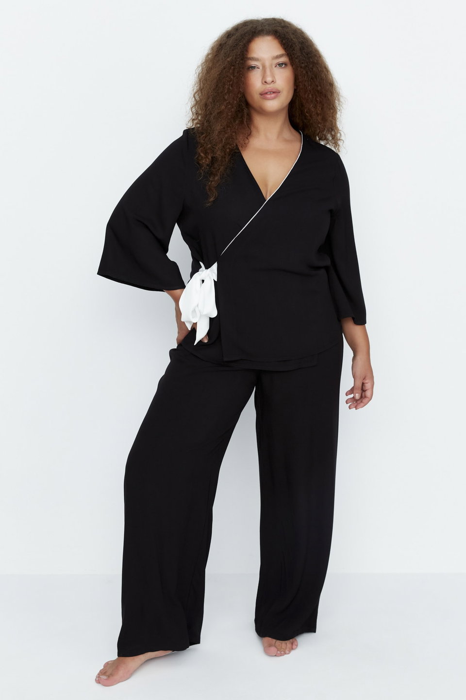 Double Breasted Collar Tied Woven Pajamas Set TBBAW23AI00032