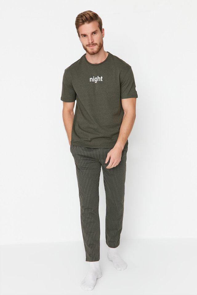 Khaki - Black Printed Regular Fit Knitted Pajama Set THMAW21PT0393