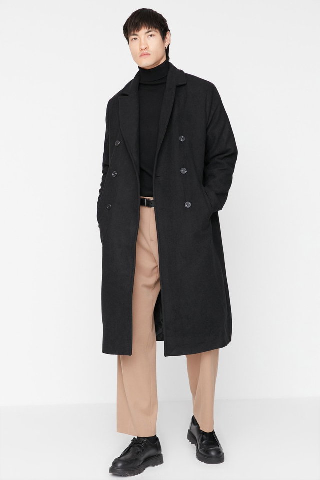 Black - Black Loose Fit Double Breasted Long Stitched Winter Coat TMNAW23KB00003