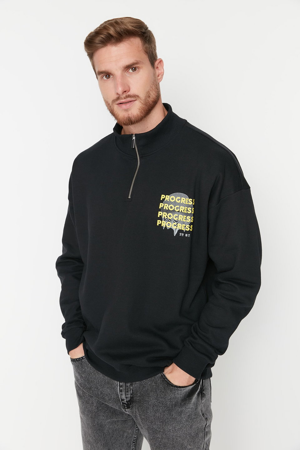 Oversize/Wide Cut Zippered Text Printed Inside Fleece/Warm Sweatshirt TMNAW23SW00017