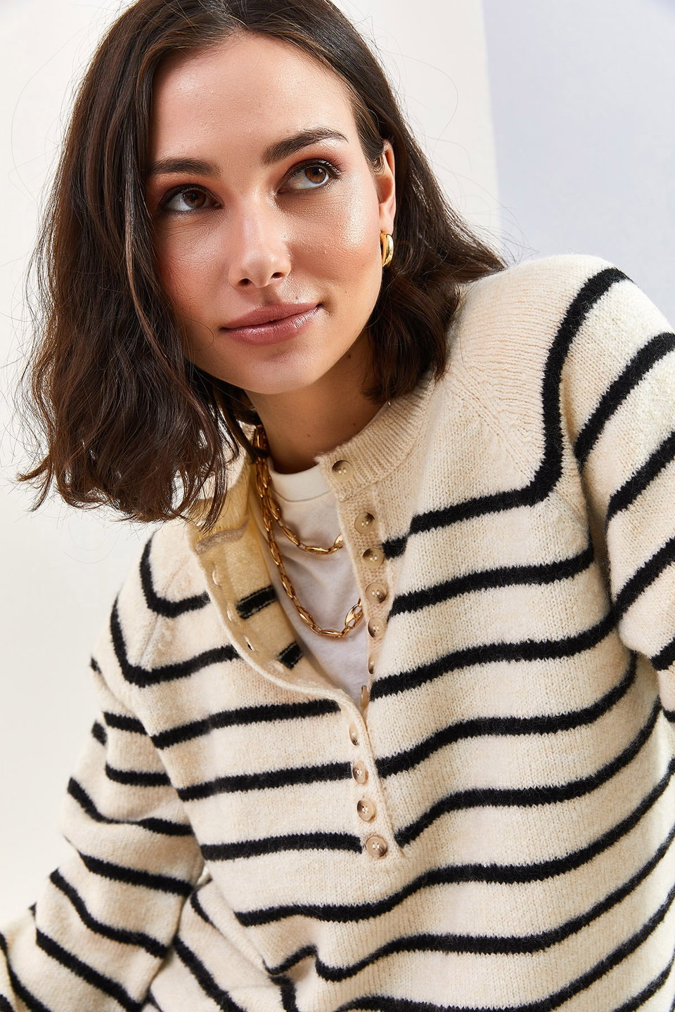 Women's Buttoned Collar Turtleneck Striped Knitwear Sweater